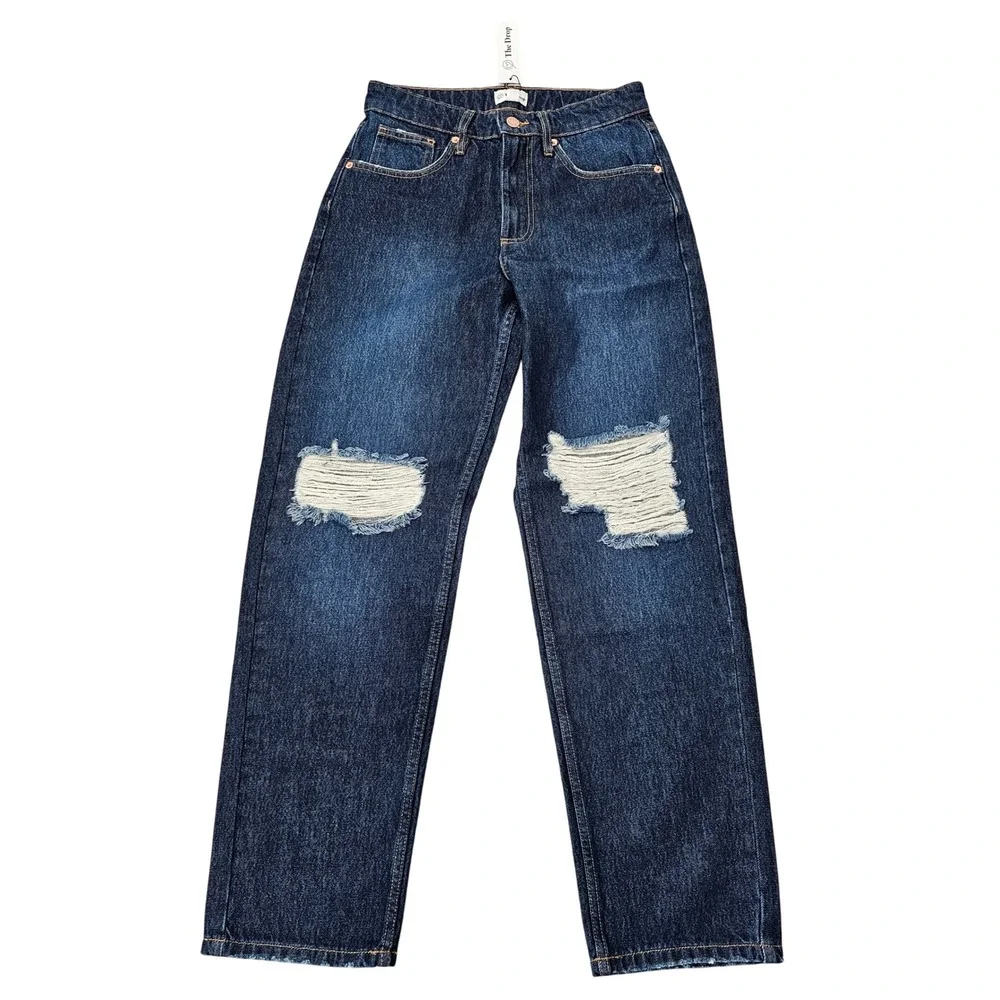 The Drop Women's‎ Luca Dark Wash Ripped Knee High Waist Straight Leg Jeans - Picture 2 of 7
